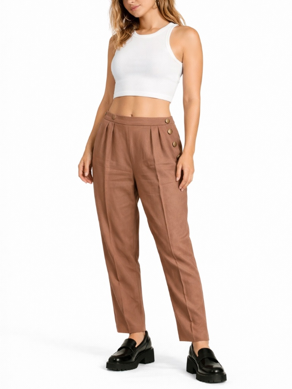 Cynthia Steffe Size 8 Pleated Light Brown Trousers with Ornate Buttons